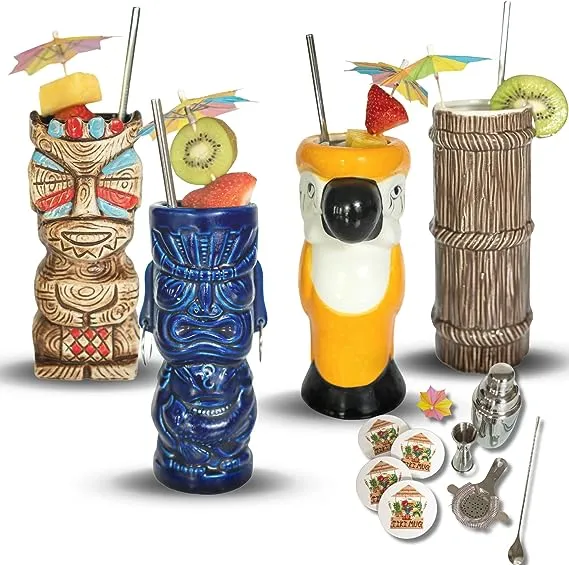 Tiki Bar Set - 4 Mugs Shaker Jigger Strainer Umbrellas Coasters Straws