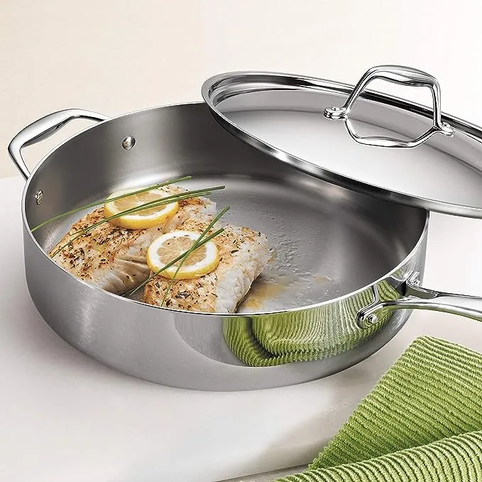 Tramontina Covered Deep Saute Pan Stainless Steel Tri-Ply Clad 6 Qt, 80116/073DS