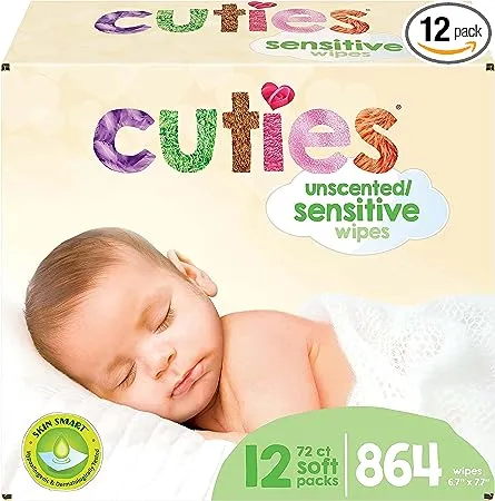 Cuties Baby Wipes | Unscented & Hypoallergenic | 12 Soft-Packs | 864 Total Wipes