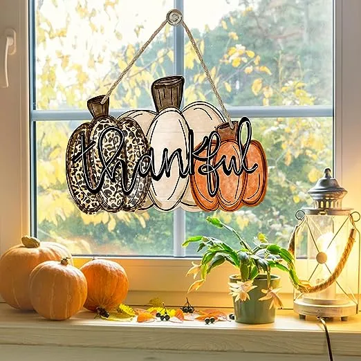 Thankful Sign Fall Pumpkin Front Door Decor Thanksgiving Day Wood Door Hanger...