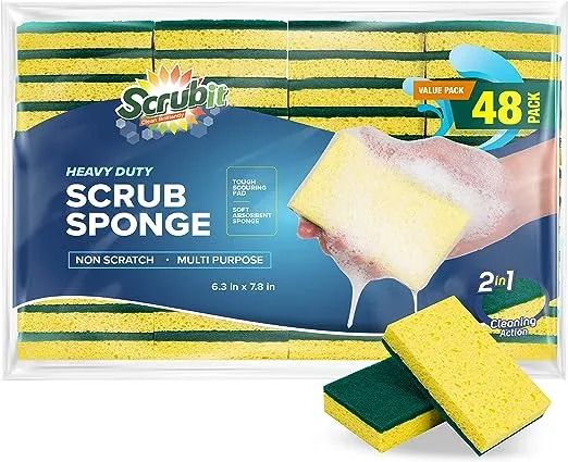 SCRUBIT 48 Pack Heavy Duty Scrub Sponges - Dishwashing Sponge Along with A Tough Scouring Pad - Dual Sided Dish Sponge Ideal for Cleaning Kitchen, Dishes, Bathroom - Yellow - Bulk sponges