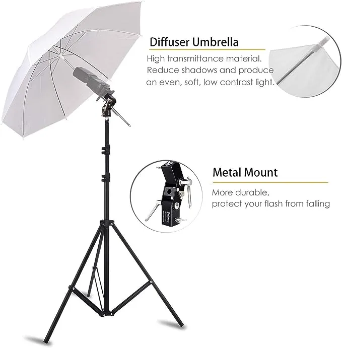 Selens Photo Umbrella Kit 33"/84cm White Soft Umbrella with Light Stand and Metal Flash Bracket Mount for Portrait Photography , Studio and Video Lighting