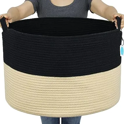 Casaphoria XXXLarge Cotton Rope Basket 21.7" x 21.7" x 13.8" Woven Laundry Basket for Blankets Storage Basket with Handle Comforter Cushions Storage Bins Thread Laundry Hamper-Black Stitch, ‎Beige