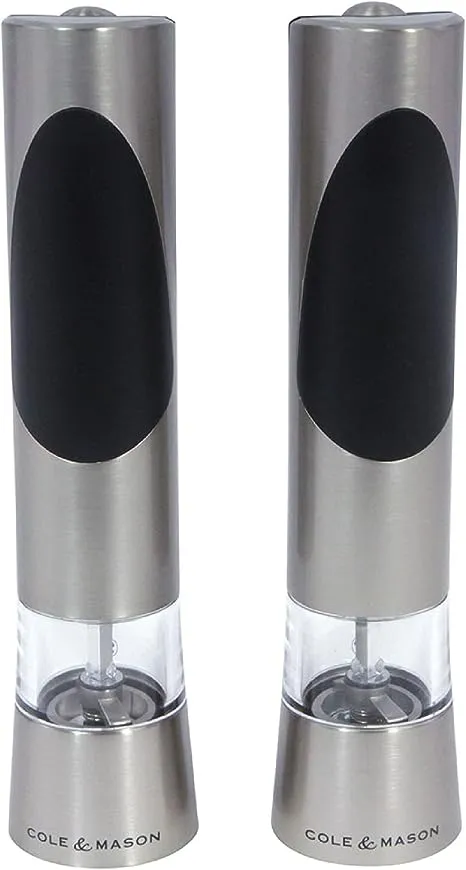 Cole & Mason Richmond Electric Salt and Pepper Mills, Adjustable Grind Mechanism, Chrome/Acrylic, 215 mm, Gift Set, Includes 2 x Electric Grinders