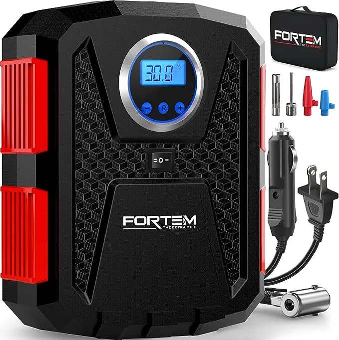 FORTEM Tire Inflator Portable Air Compressor 150 PSI, Bike Pump, 12V Electric Pump for Car Tires and Bicycles w/LED Light, Digital Tire Pressure Gauge w/Auto Pump/Shut Off, Carrying Case (Red)