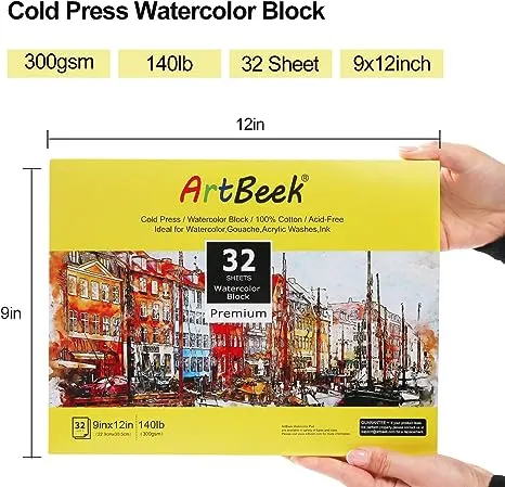 ArtBeek Watercolor Paper Block,9" x 12" Watercolor Block 32 Sheets 100% Cotton Cold Press 140lb/300GSM