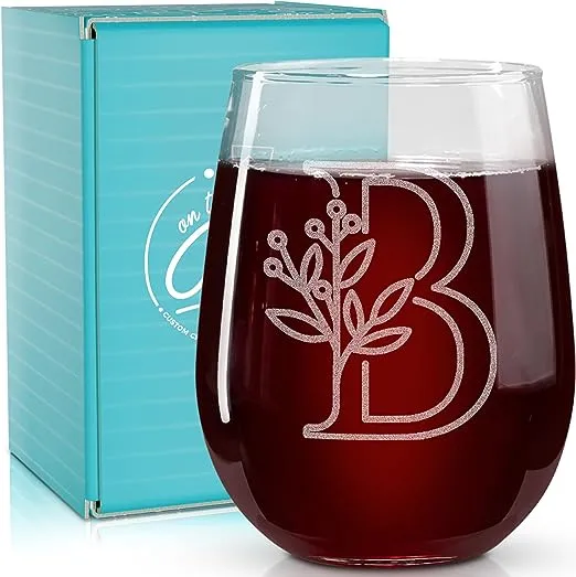 On The Rox Drinks Monogrammed Gifts For Women and Men - Letter A-Z Initial Engraved Monogram Stemless Wine Glass - 17 Oz Personalized Wine Gifts For Women and Men (K)