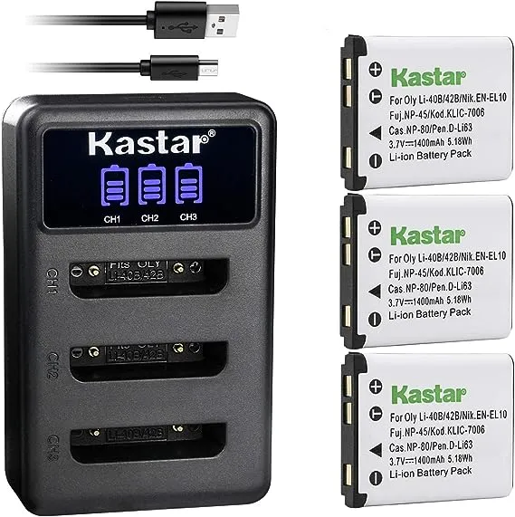 Kastar Battery 3-Pack + LCD Triple Charger Replacement for Olympus LI-42B LI-40B, Fujifilm NP-45 NP-45A NP-45B NP-45S, Nikon EN-EL10, Kodak KLIC-7006, Casio NP-80, Pentax D-Li63 D-Li108, Ricoh DS-6365