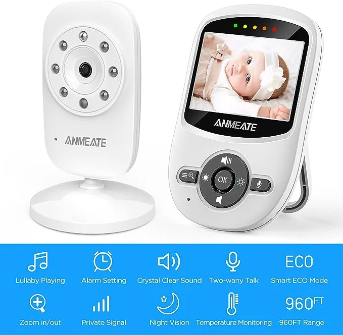 ANMEATE Video Baby Monitor with Digital Camera, Digital 2.4Ghz Wireless Video Monitor with Temperature Monitor, 960ft Transmission Range, 2-Way Talk, Night Vision, High Capacity Battery（1 Camera）