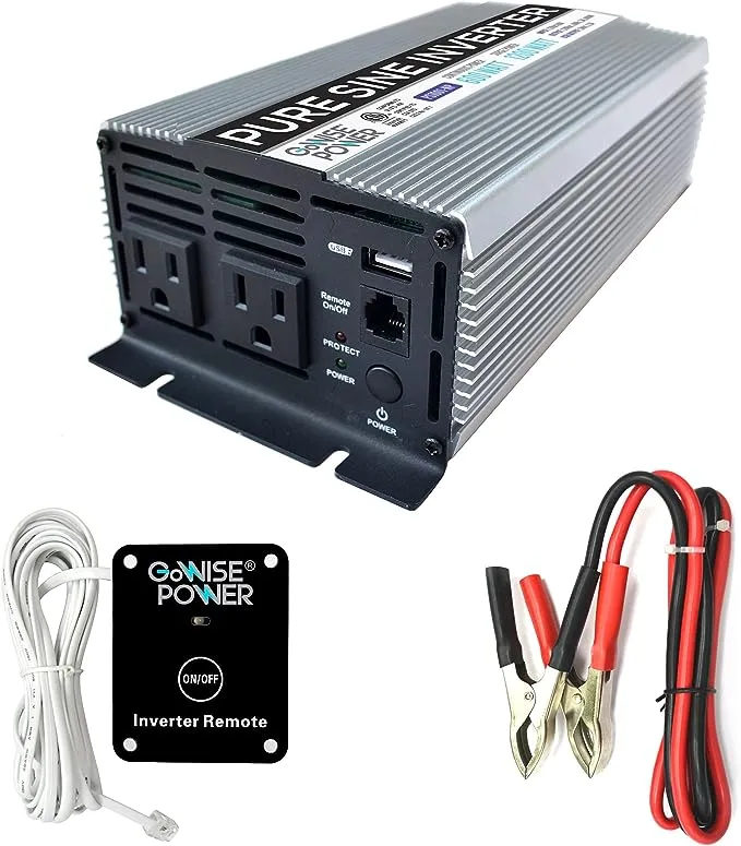 GoWISE Power 600W Pure Sine Wave Inverter 12V DC to 115V AC with 2 AC Outlets + 1 5V USB Port and 2 Clamp Cables (1200W Peak) PS1001