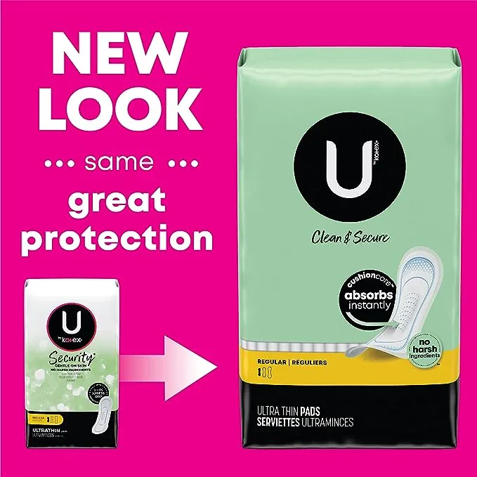 U by Kotex Clean & Secure Ultra Thin Pads, Regular Absorbency, 176 Count (4 Packs of 44) (Packaging May Vary)