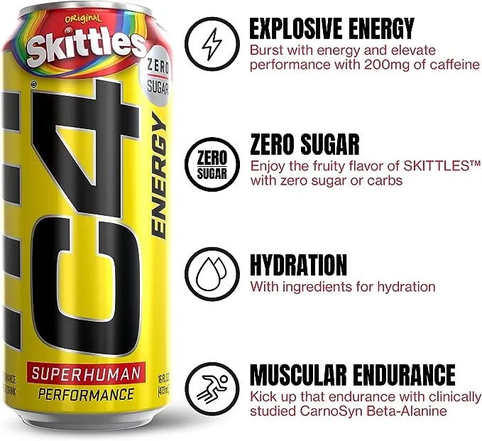 C4 Performance Energy Drink, Arctic Snow Cone Flavor, Zero Sugar, Carbonated, 16 oz Can (12 Pack), Size: 16 fl. oz.