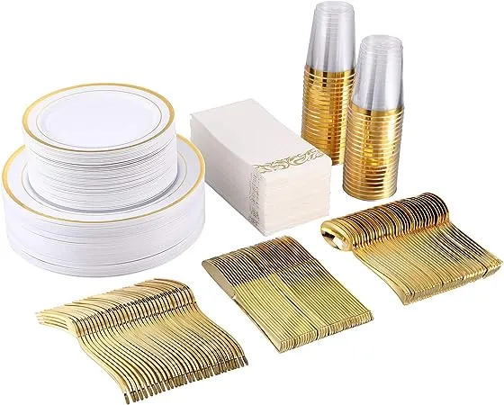 Focus Line 350 Piece Disposable Gold Dinnerware Set for Party or Wedding-100 Gold Rim Plastic Plates - 50 Gold Plastic