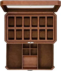 ROTHWELL 12 Slot Leather Watch Box with Valet Drawer - 12 Slot Luxury Watch Case Display Organizer, Microsuede Liner, Mens Accessories Holder, Jewelry Case, Jewelry Display Organizer (Tan/Brown)