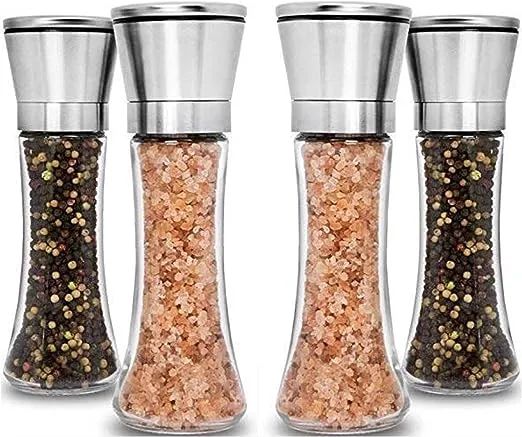 HOME EC Original Stainless Steel Salt and Pepper Grinder Set - Adjustable Ceramic Sea Salt Grinder & Pepper Grinder - Tall Glass Salt and Pepper Shakers - Pepper Mill & Salt Mill (Clear Glass, 4pk)