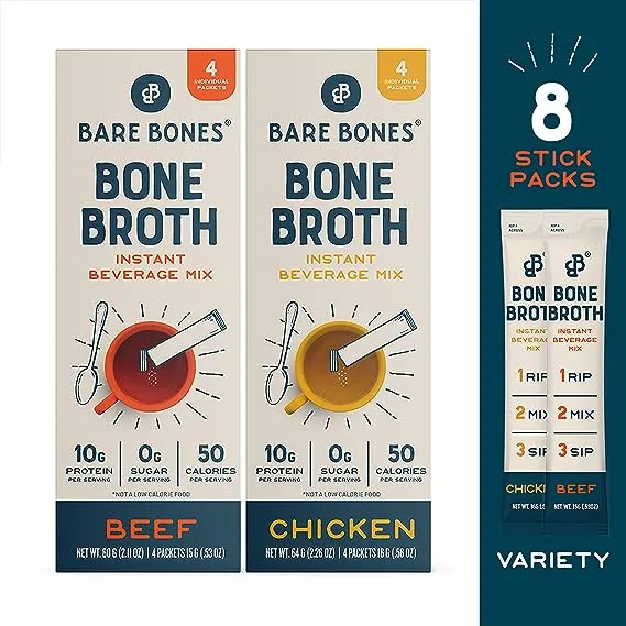 Bare Bones Bone Broth Instant Powdered Mix, Beef, Pack of 8, 15g Sticks, 10g Protein, 100% Grass Fed, Keto & Paleo Friendly Bone Broth PacketsBare Bones Bone Broth Instant Powdered Mix, Beef, Pack of…