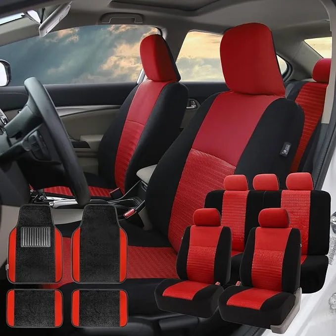 FH Group Trendy Elegance Car Seat Covers, Airbag Compatible and Split Bench w. Premium Carpet Floor Mats- Fit Most Car, Truck, SUV, or Van (Red/Black) FB060115