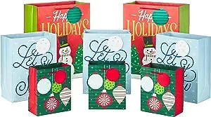 Hallmark Holiday Gift Bag Assortment (8 Gift Bags: 3 Small 6 inch, 3 Medium 9 inch, 2 Large 13 inch) Red, Green and Blue Ornaments, Let It Snow, Happy