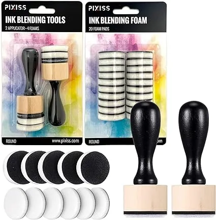 Pixiss Mini Ink Blending Tools, 2 Pack Round with 24 Replacement Foam Pads for Distressing, Blending and More