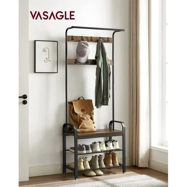 VASAGLE Industrial Coat Rack Shoe Bench, Hall Tree Entryway Storage Shelf