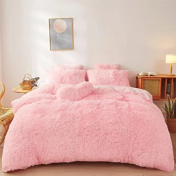 Besfunny Pink Fluffy Comforter Cover Set