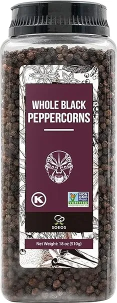 Soeos Black Peppercorns, 18oz (Pack of 1), Non-GMO, Kosher, Packed to Keep Peppers Fresh, Peppercorn for Grinder Refill, Whole PeppercornsSoeos Black Peppercorns, 18oz (Pack of 1), Non-GMO, Kosh…