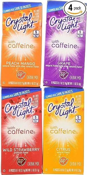 Crystal Light With Caffeine Variety Pack, 1 peach mango, 1 Citrus, 1 Wild strawberry, 1 Grape, 4 ct.