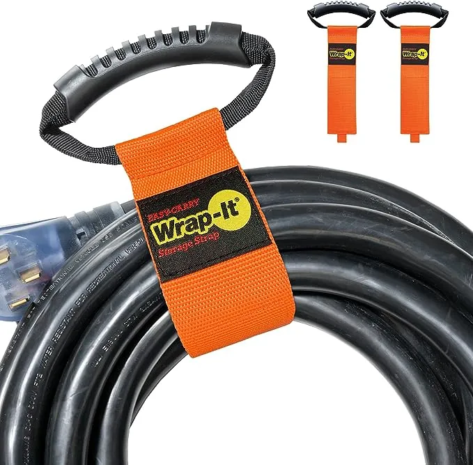 Easy-Carry Wrap-It Storage Straps - 22” (2-Pack) Blaze Orange – Heavy-Duty Hook and Loop Cord Carrying Strap, Hanger, and Organizer with Handle for Pool Hoses, Garden Hoses, Cords, Cables and More