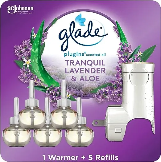 Glade PlugIns Refills Air Freshener Starter Kit, Scented and Essential Oils for Home and Bathroom, Lavender & Aloe, 3.35 Fl Oz, 1 Warmer + 5 Refills