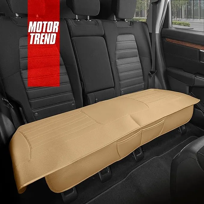 Motor Trend Seat Cover for Cars Trucks SUV, Faux Leather Rear Bench Beige Padded Car Seat Cover with Storage Pockets, Premium Interior Car Seat Cover