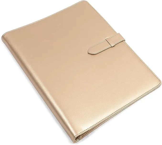 Padfolio Folder with 3 Ring Binder (Metallic Gold, Faux Leather, 10.8 x 13.2 inches)