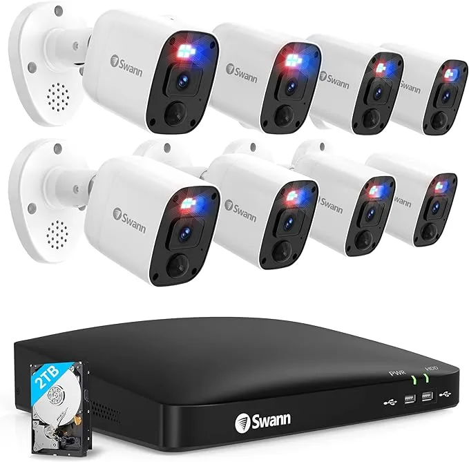 Swann 4K Security Camera System DVR with 2TB HDD, 8 Channel 8 Cam, Indoor Outdoor Wired 8MP Home Surveillance Bullet Cameras, Color Night Vision, 24/7,Heat Motion Detection, LEDs, Sirens and Mic