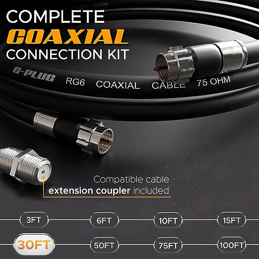 G-PLUG 30FT RG6 Coaxial Cable Connectors Set – High-Speed Internet, Broadband and Digital TV Aerial, Satellite Cable Extension – Weather-Sealed Double Rubber O-Ring and Compression Connectors Black