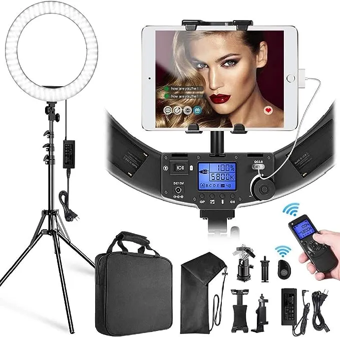 LED Ring Light with Stand and Phone/iPad Holder 19 Inch 60W Bicolor 3000K-5800K Large Circle Light with Remote Controller for Photography/YouTube