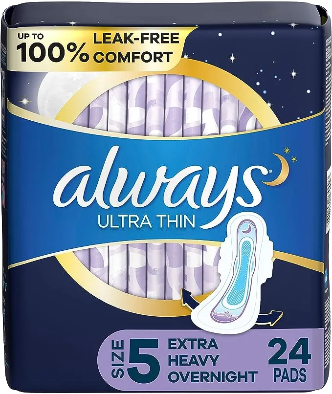 Always Ultra Thin Overnight Pads with Wings, Size 5, Extra Heavy Overnight, 46 Ct