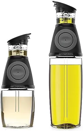 Belwares Oil Dispenser for Kitchen - Olive Oil Dispenser Bottle for Kitchen - Oil and Vinegar Dispenser Set - Cooking Essentials - 17 oz and 8.5 oz Glass Bottles with Precision Pouring Measurements