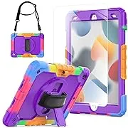 BLOSOMEET Case for iPad 9th/8th Generation 2021/2020 10.2 Inch with Tempered Glass Screen Protector |Rugged Shockproof iPad 7th Gen Kids Cover 2019 w/Stand Pencil Holder & Hand Shoulder Strap|Purple