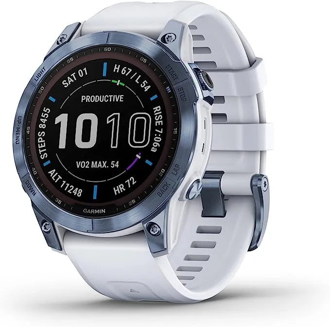 Garmin fenix 7 Sapphire Solar, adventure smartwatch, with Solar Charging Capabilities, rugged outdoor watch with GPS, touchscreen, wellness features, mineral blue DLC titanium whitestone band