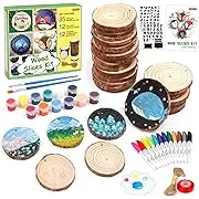 Wood Slices Kit, Shuttle Art 35 PCS Unfinished Natural Wood Slices with Pre-Drilled Hole, Acrylic Paint, Permanent Markers, Jute Twine, DIY Craft for Kids Adults Holiday Decoration Christmas Ornaments