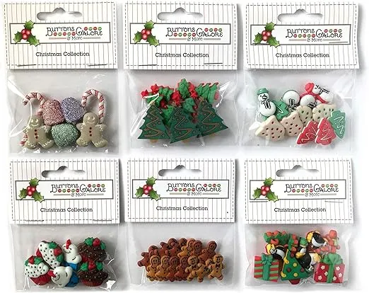 Buttons Galore 60+ Assorted Christmas Buttons for Sewing & Crafts - Set of 6 Button Packs - Gingerbread, Presents, Chirstmas Trees & More