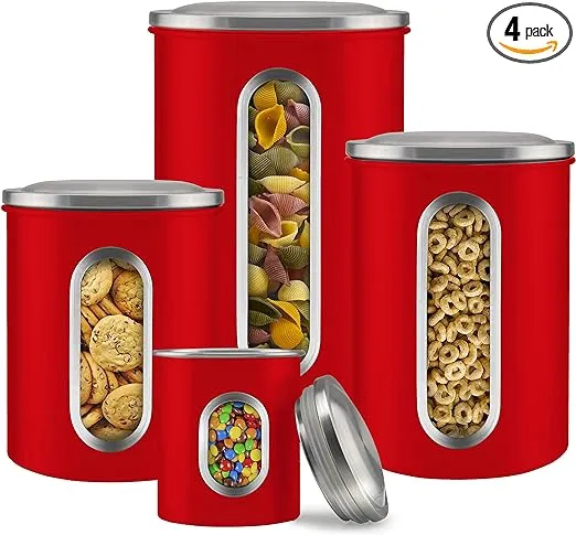 Canister Sets - Red Kitchen Counter Decor and accessories - Countertop Containers for Flour, Sugar And Jars - Set of 4