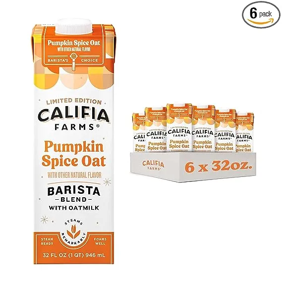 Califia Farms - Pumpkin Spice Oat Barista Blend Oat Milk, 32 Oz (Pack of 6), Shelf Stable, Dairy Free, Plant Based, Vegan, Gluten Free, Non GMO, High Calcium, Milk Frother, Creamer, OatmilkCalifia Farms - Pumpkin Spice Oat Barista Blend Oat Milk, 32 Oz (