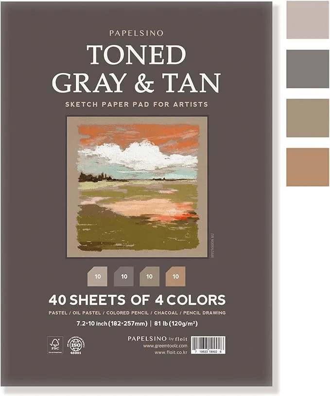 Toned Gray & Tan 4 Colors Sketchbook Paper Pad for Oil Pastel Colored Pencils Charcoal, 7.2 x 10”, f40 Sheets Papelsino