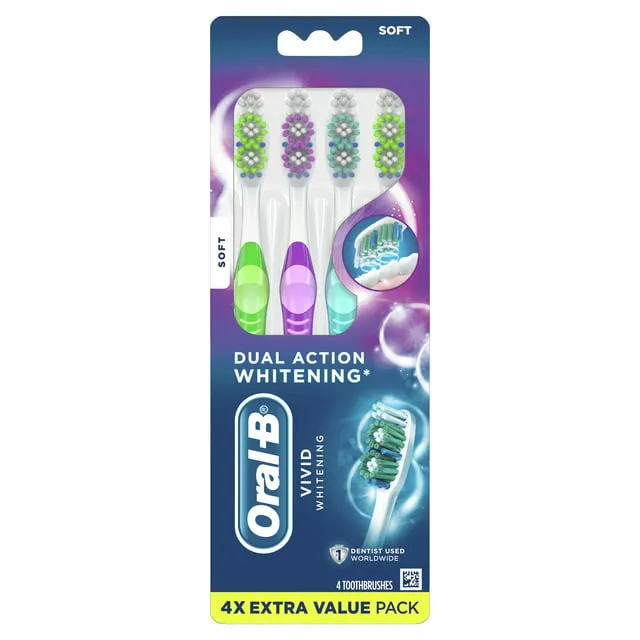 Oral-B Vivid Dual Action Whitening Toothbrushes, Soft, 4 Count (Packaging and Pr