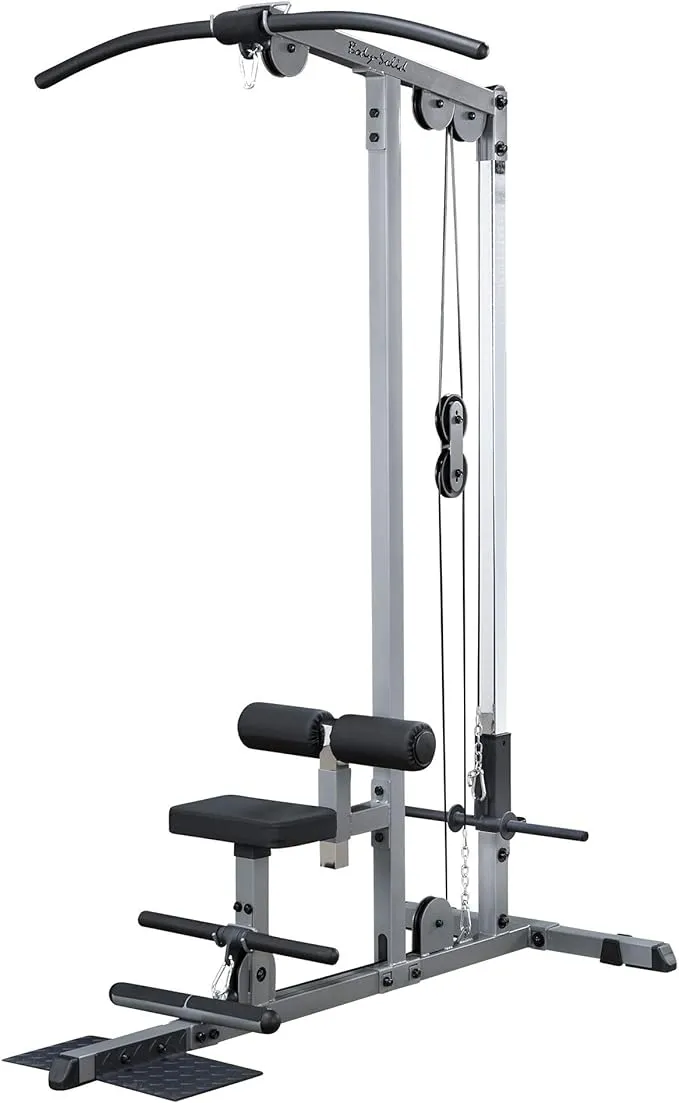 Body-Solid (GLM83) Pro LAT Machine with Low Row Bar - Multi-Position Foam Rollers, Includes 48" LAT Bar & 20" Straight Bar, Smooth Nylon Bushings