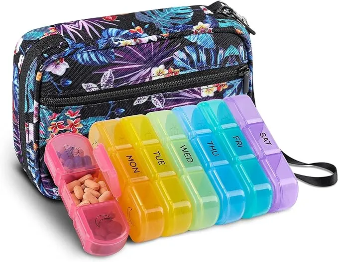 Weekly Pill Organizer 3 Times a Day with Travel Bag, Tnvee Large Portable Travel Pill Box Case for Vitamin/Fish Oil/Pills/Supplements Medicine Organizer (Purple Perlis)