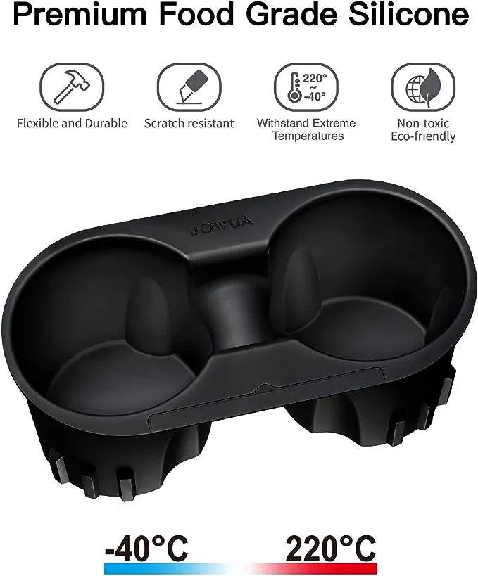 JOWUA Center Console Cup Holder for Tesla Model 3 / Model Y, Silicone, Washable (Black, Center Console Cup Holder + Rear Seat Coaster)