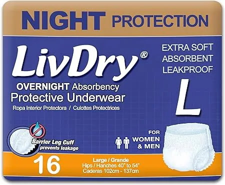 LivDry Adult Diapers Large Incontinence Underwear, Overnight, Leak Protection, 16-Pack