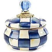 MACKENZIE-CHILDS Enamel Squashed Pot, Cute Enameled Container with Lid, 20 Ounces, Blue-and-White Royal Check