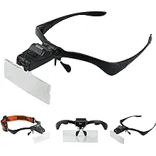 Beileshi Headhand Magnifier Glasses With 2 LED Professional Jeweler's Loupe Light Bracket and Headband are Interchangeable 5Lens Glass Magnifying Visor